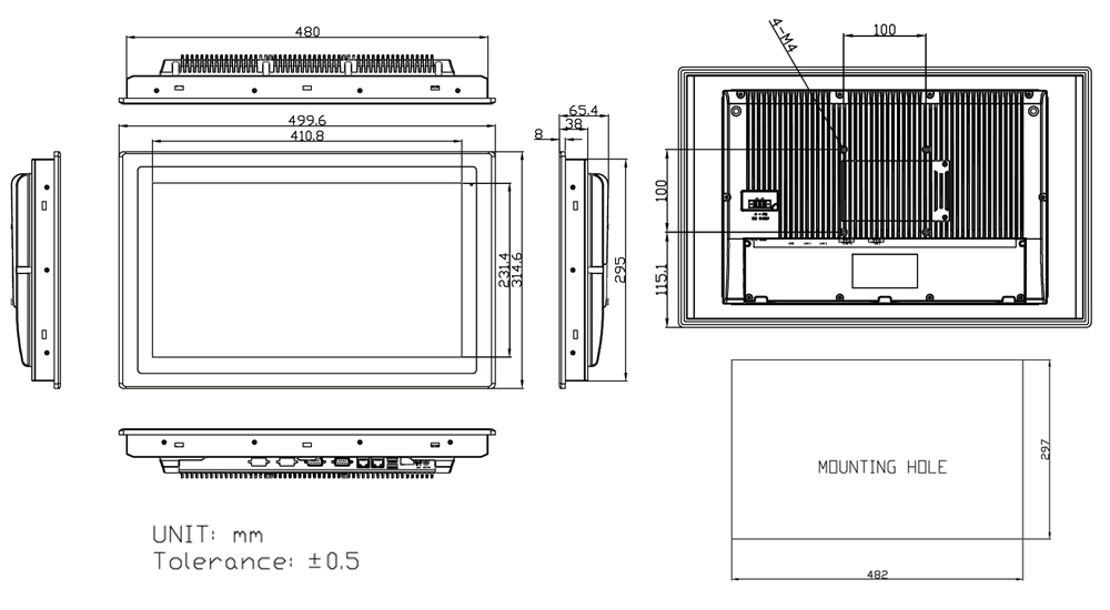 panel mount computer tp-5645-18 tech drawing