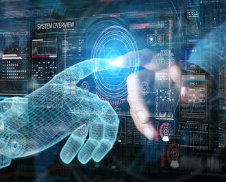 Digital hand touching a screen, symbolizing touchscreen technology