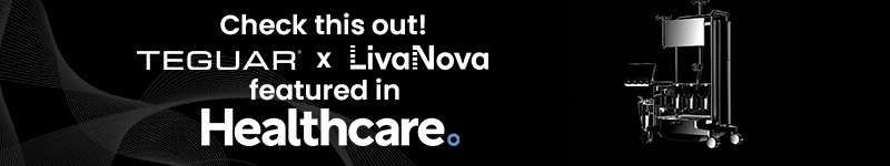 Black banner with a LivaNova perfusion system and text that says "Check this out! Teguar x LivaNova featured in Healthcare Magazine"