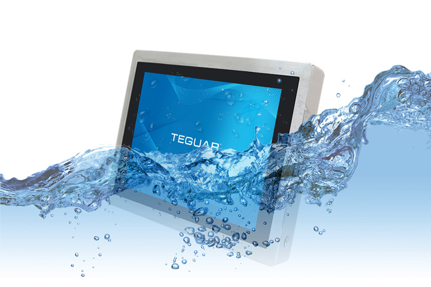 Teguar brand stainless steel panel pc partially submerged in water