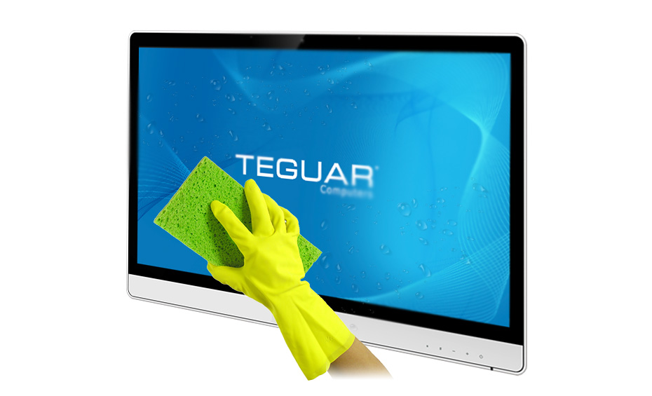 gloved hand holding a sponge cleaning the screen of a Teguar medical device PC