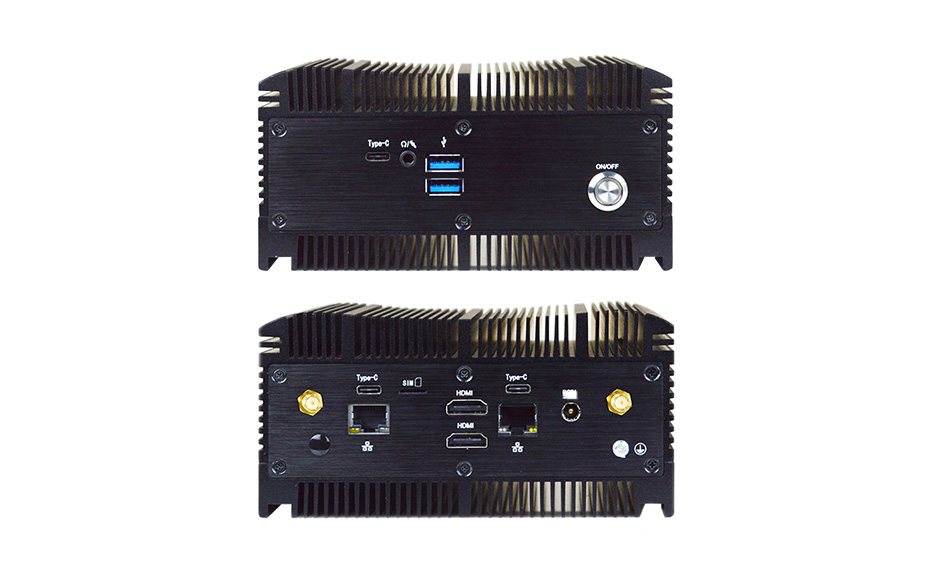 Two sides of the Teguar TB-5913 embedded box PC, showing off all of the inputs and outputs