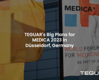 A MEDICA trade show flag with text that says TEGUAR's Big Plans for MEDICA 2023 in Dusseldorf, Germany