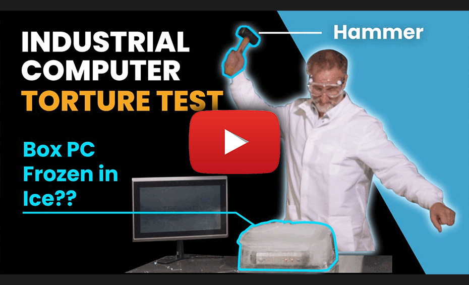 Thumbnail for TEGUAR's Industrial Computer Torture Test showing a man in a labcoat with a hammer raised about to smash it down on a waterproof box pc encased in solid ice
