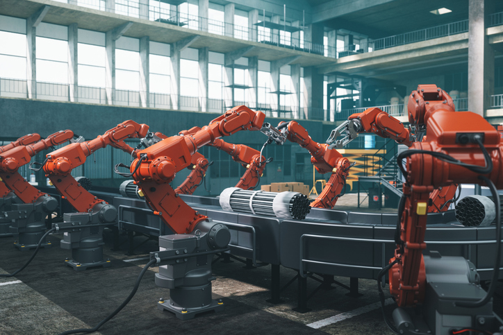 industrial automation with robots working an assembly line