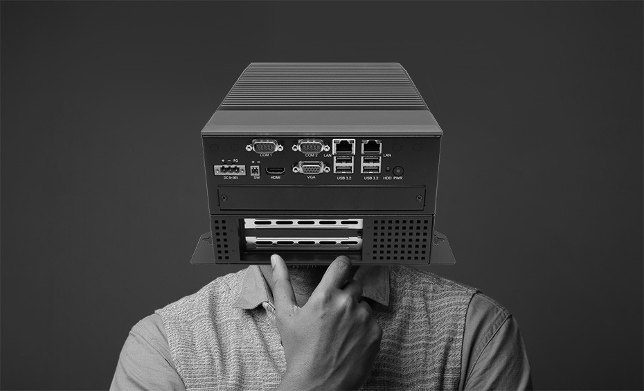 Headless computer in black and white superimposed over a person's head