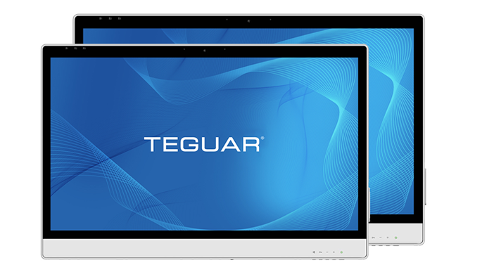 Two portable medical displays showing a blue Teguar screensaver. Both are directly front facing and the 22" one is translated slightly down and to the left in front of the 24" one.