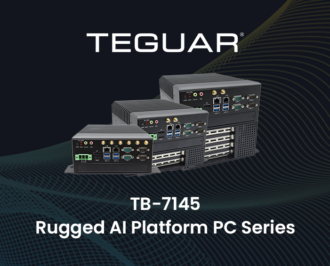 Text reads Teguar TB-7145 — Rugged AI Platform PC Series. Accompanying the text is an image of the series, showing one base unit, one 2X expansion, and one 4X expansion staged beside each other.