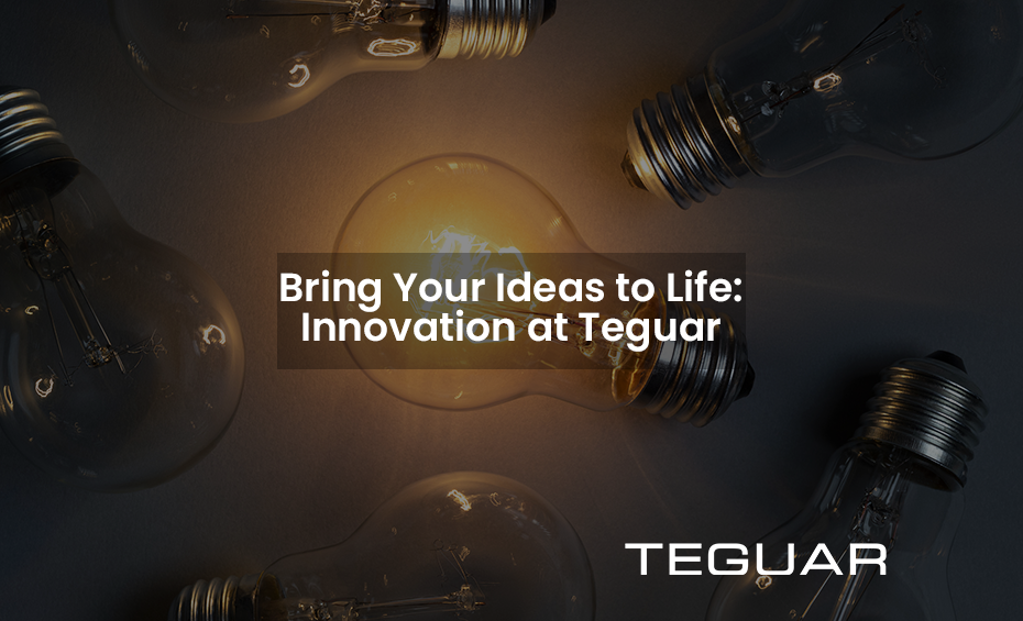 Text reads Bring Your Ideas to Life: Innovation at Teguar. Text overlayed on an image of several lightbulbs on a black background. One lightbulb in the center is illuminated.