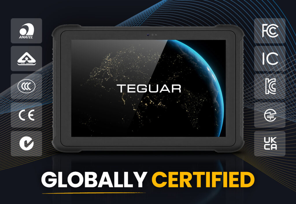 TRT-5380-10 with text under it that reads Globally Certified. There are certification logos framing the tablet, which has a black globe screensaver.
