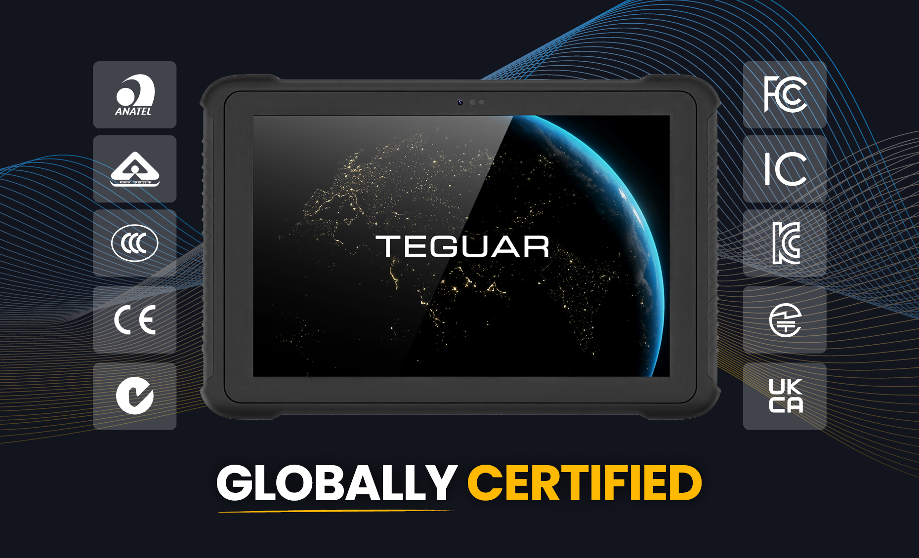 TRT-5380-10 with text under it that reads Globally Certified. There are certification logos framing the tablet, which has a black globe screensaver.