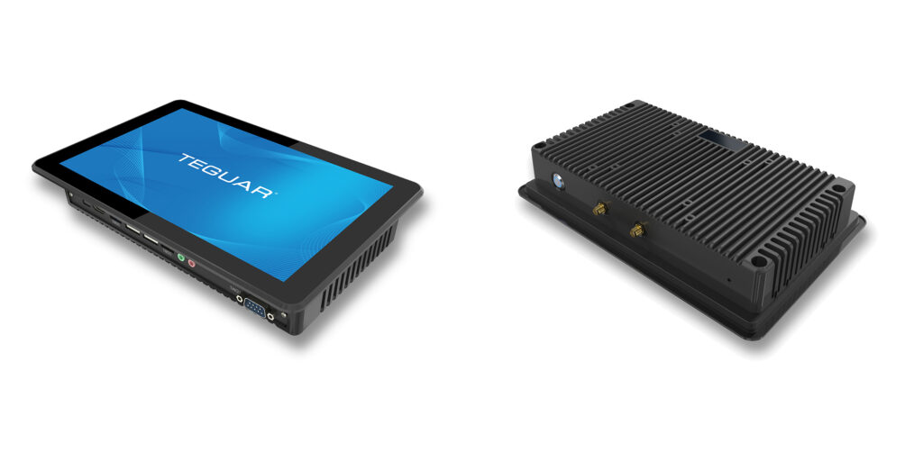 Two Mini Touch Screen Computers side by side. One showcases the screen and side while the other shows the back, heatsink, and side.
