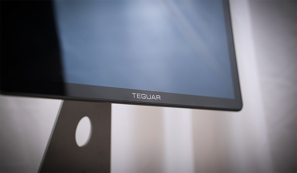 A dramatic photo of the Pinnacle Panel PC. The Teguar logo on the lower bezel of the panel is artistically in focus.