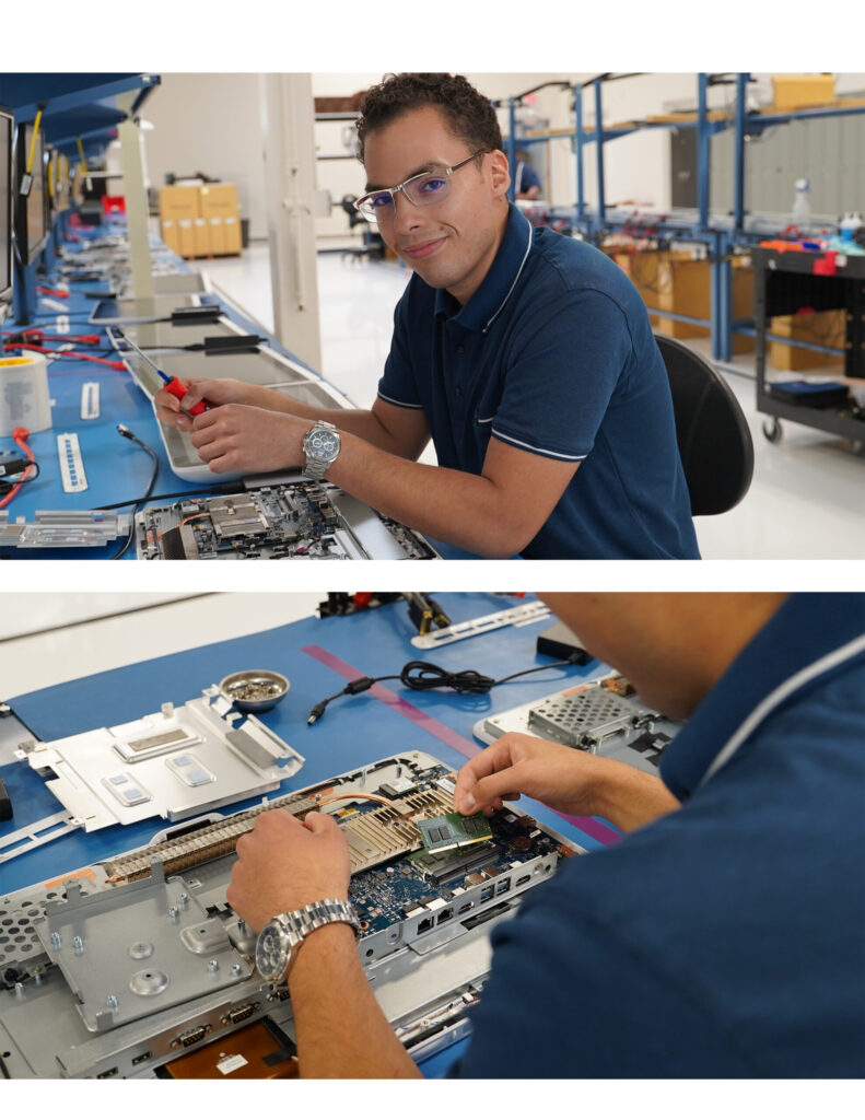 Two photo spread of Julio working on a computer.