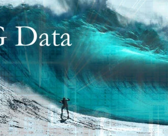 Person surfing a giant wave overlayed with circuits and the words BIG Data