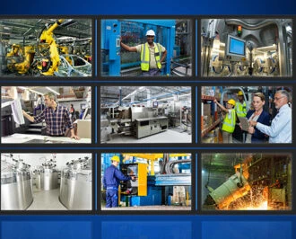 Nine images of various industrial scenes with numerous industrial touch screen applications