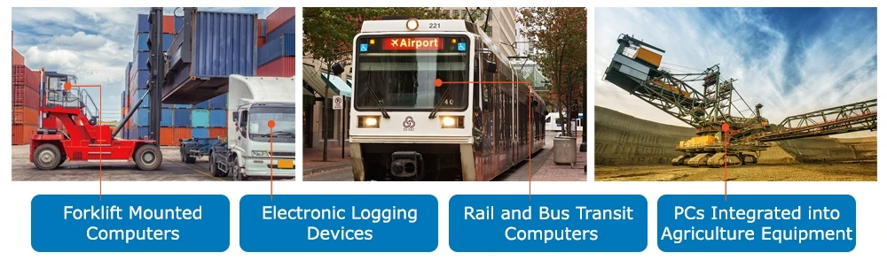 Three examples of vehicle mount computers: forklift, bus, and heavy machinery