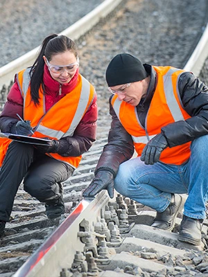 Two logistics workers at a train depot inspect train tracks with a rugged tablet